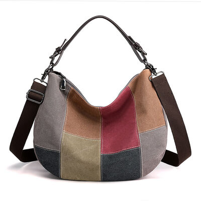 New Vintage Patchwork Tote Bag 2026 Fashion Crossbody Shoulder Bags for Women Large Capacity Canvas Contrast-Color Tote Bag