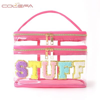 Embroidered Alphabet Storage Pouch PVC Transparent Double-Layer Makeup Bag Travel Toiletry Large Capacity Cosmetic Case