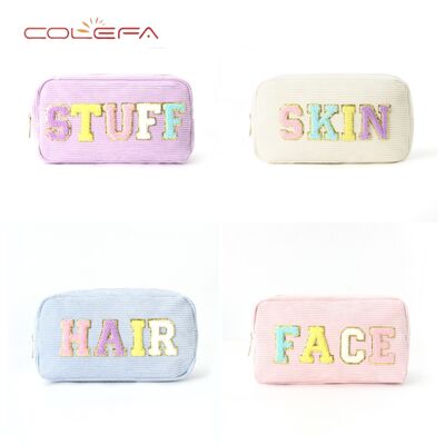 Customizable Embroidered Letter Storage Pouch Corduroy Made Cosmetic Bag Portable Toiletry Large Capacity Makeup Bags