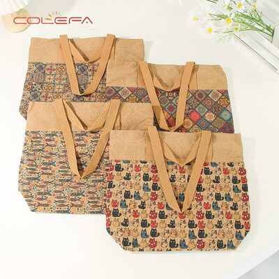 2026 New Trends European Cork Bark Shoulder Tote Bag with Ethnic-Style Printed Tote Bag Eco-Friendly with LOGO