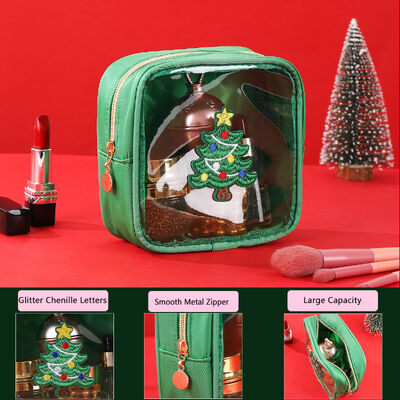 2026 New Arrivals PVC Christmas Makeup Bag with Embroidered Initials Waterproof Large Capacity Portable Travel Toiletry Bags