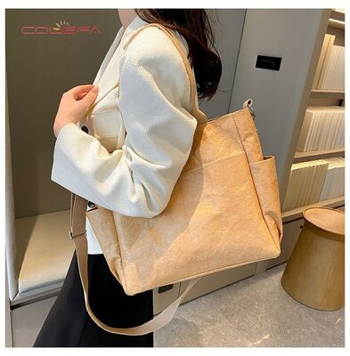 DuPont/Tyvek Paper Tote Bag Washable Wrinkle-Resistant Tear-Proof Paper Bag Trendy Vintage Eco-Friendly Handheld Shoulder Bag