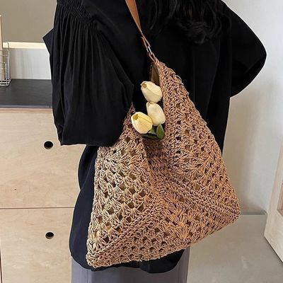Customizable New Crocheted khaki Beach Bag for Vacation Beach-Ready Straw Tote Versatile Single Shoulder Crochet Bags