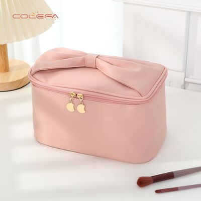 PU Soft Leather New Arrival Travel Portable Makeup Bags Storage Large Capacity Waterproof Stylish Bow Handle Cosmetic Bag