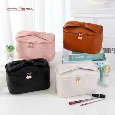 PU Soft Leather New Arrival Travel Portable Makeup Bags Storage Large Capacity Waterproof Stylish Bow Handle Cosmetic Bag